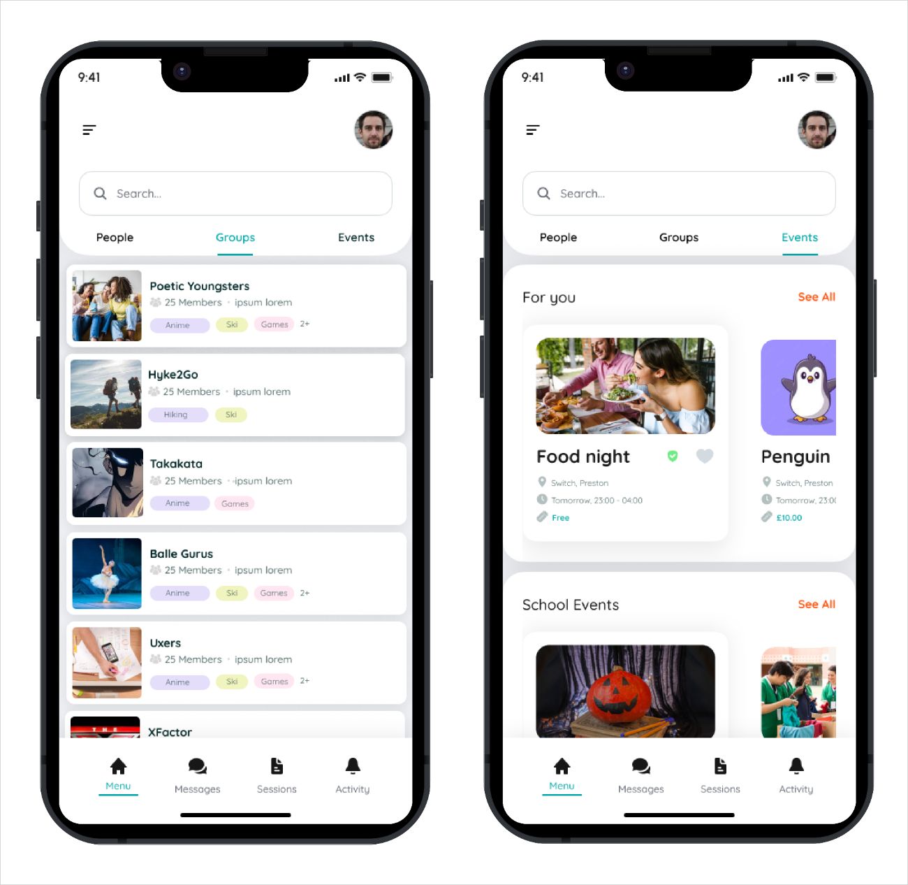 Groups and events screens