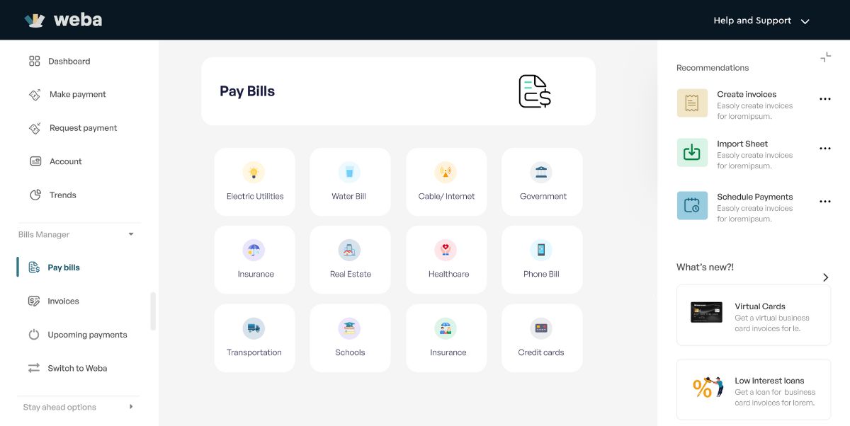 Bill payments screen