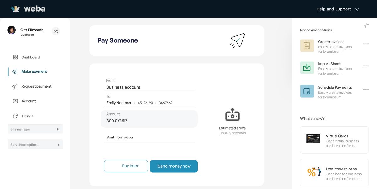 Additional banking screen
