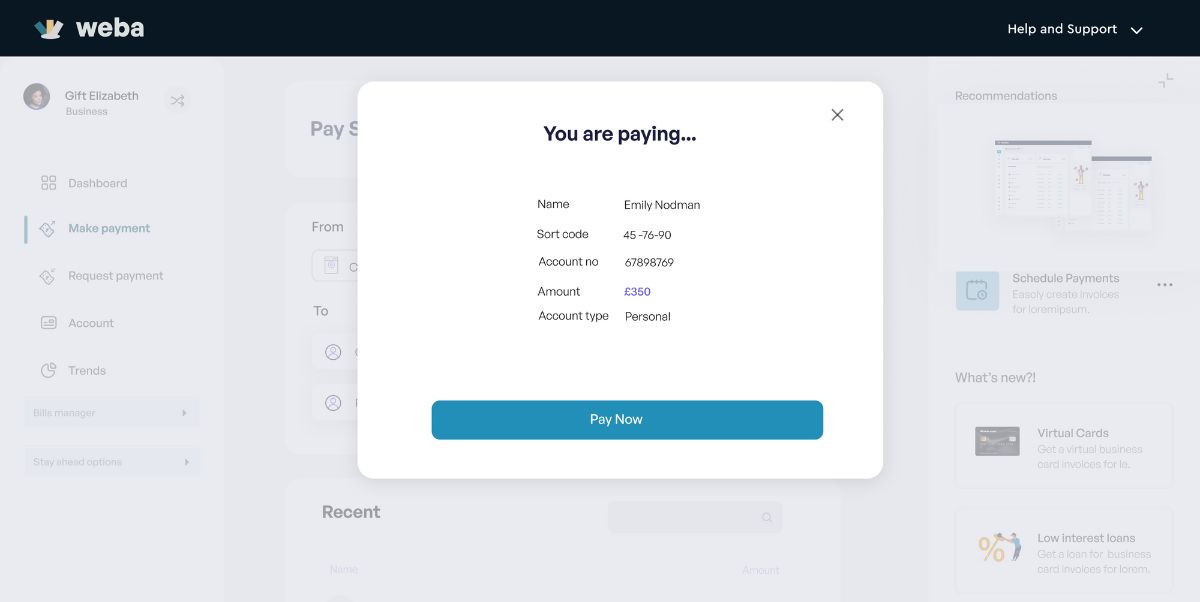 Additional banking screen
