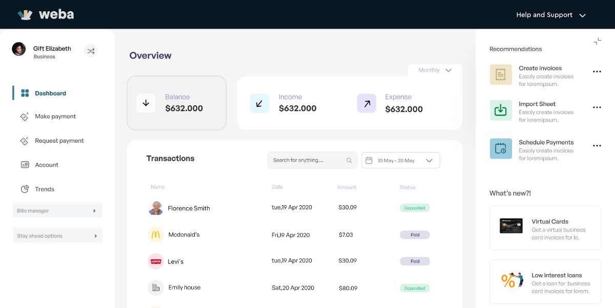 Weba dashboard