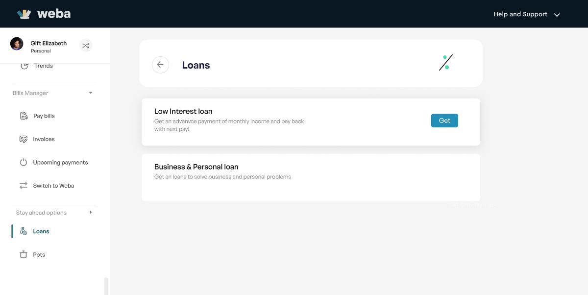 Loans screen