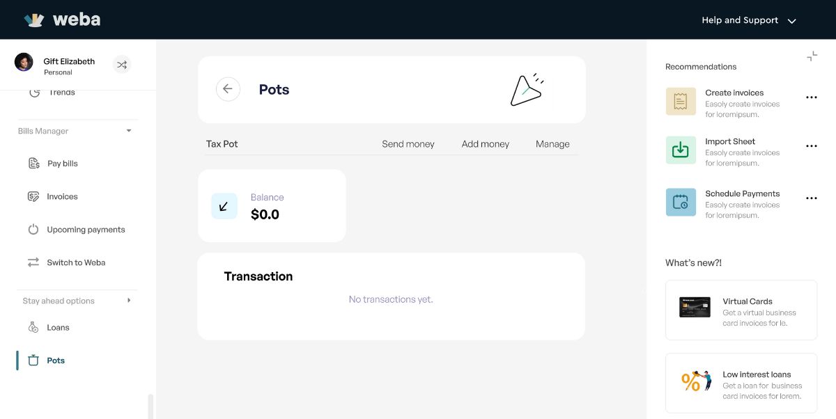 Savings pots screen